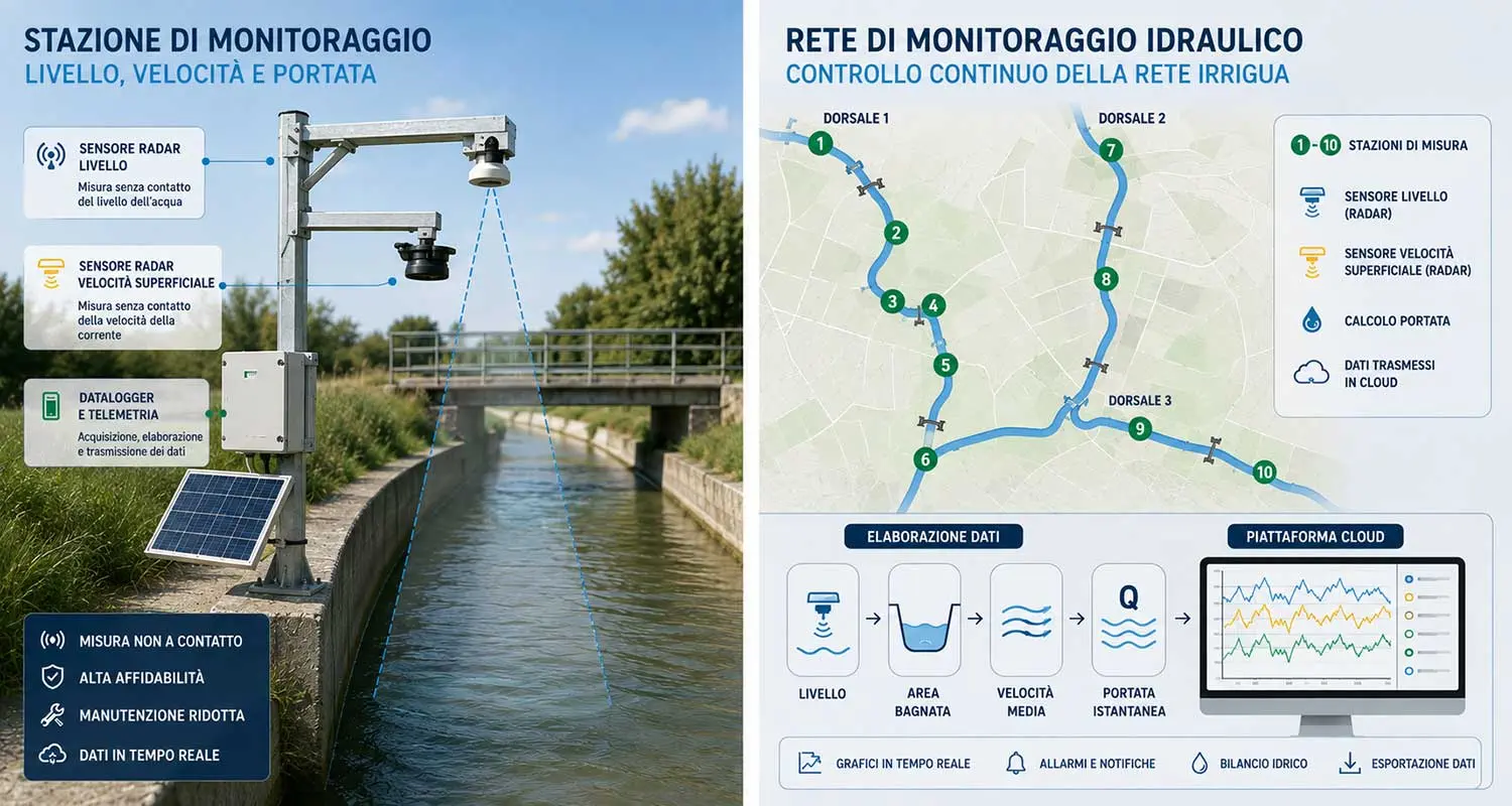 Sistema radar per il monitoraggio di livello, velocità e portata in una rete di canali irrigui.