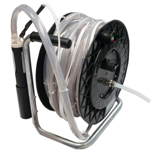Mini pump for sampling with cable reel, used for water sampling and field testing in geotechnical and environmental studies.
