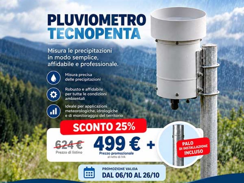 Pluviometro Tecnopenta in promozione con sconto del 25% e palo di installazione incluso